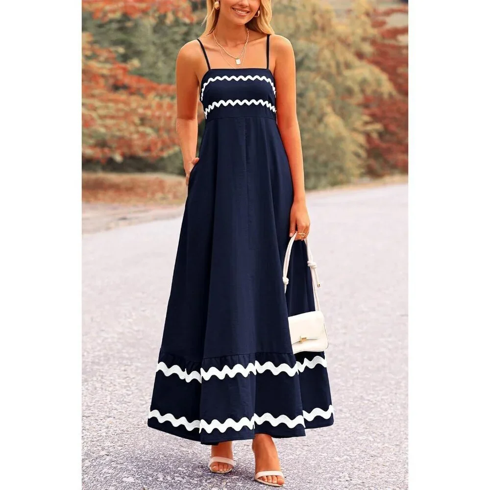 Women's Dark Blue Casual Sleeveless Spaghetti Strap Ruffle Beach Maxi Dress